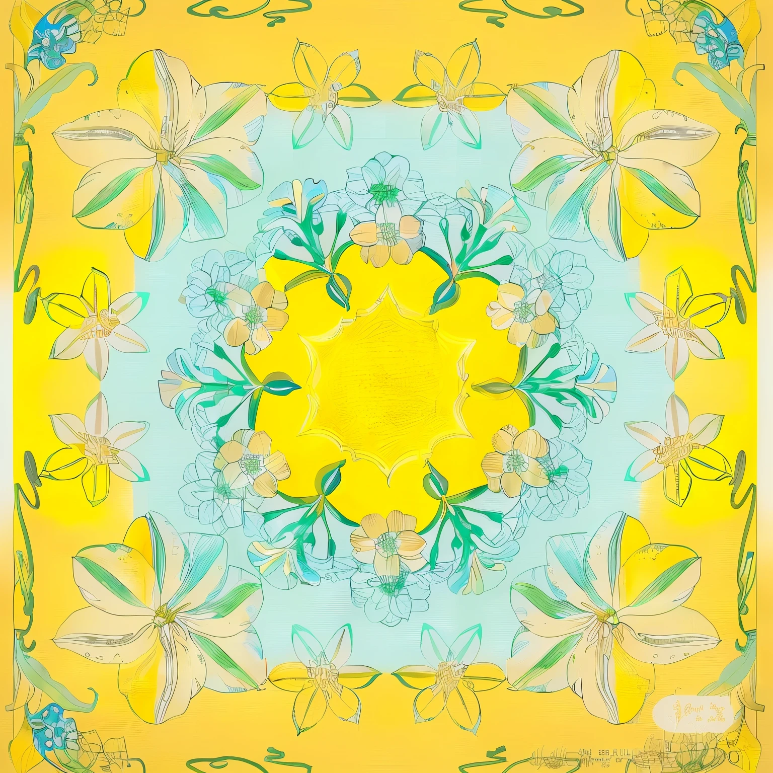 Yellow bell tree，Silk scarf design，Retro，Elegant，The pattern is exquisite，Clear lines，Four-sided symmetry，Petal Matrix，