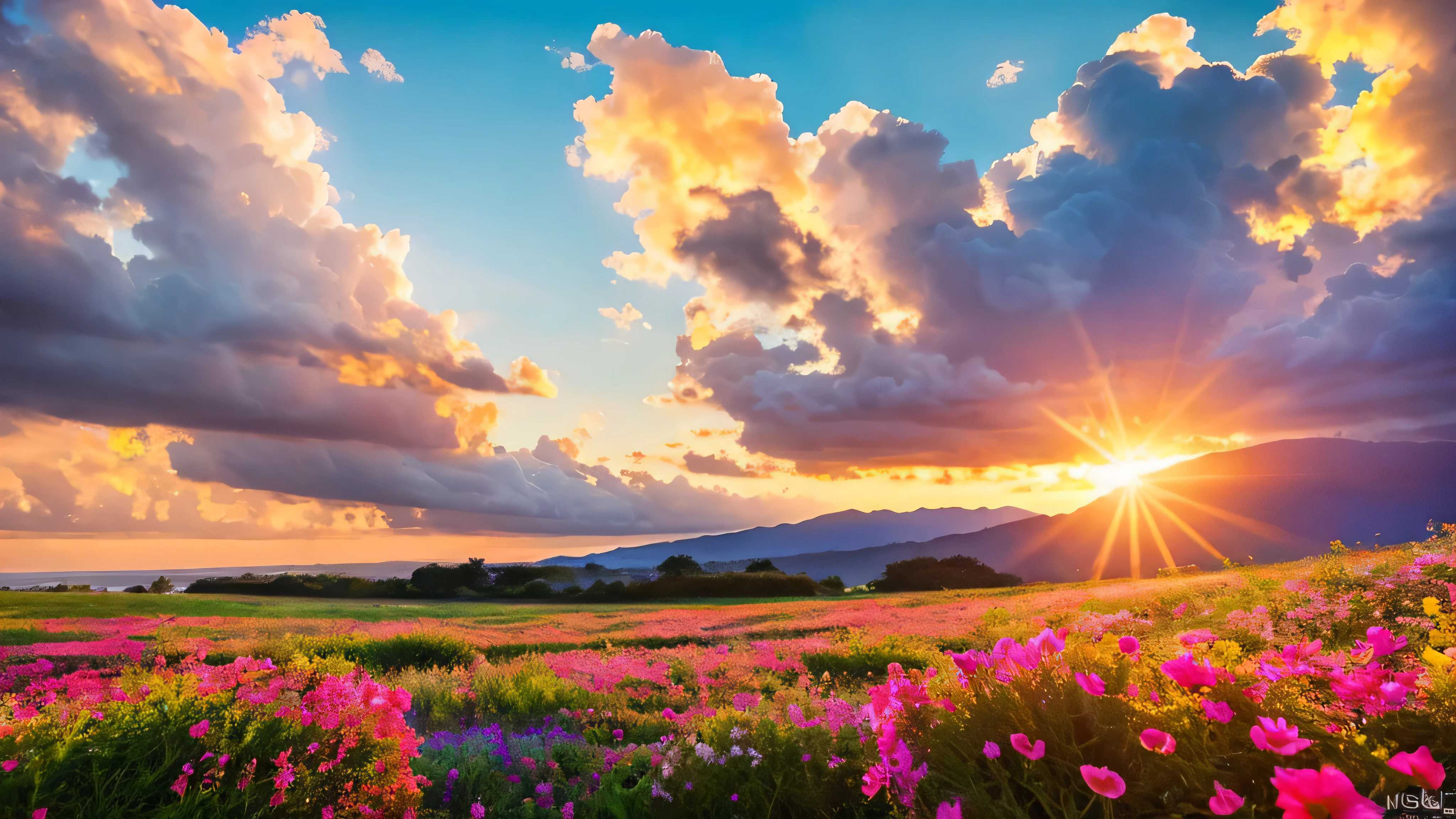 Under the expanse of blue sky, Vibrant flowers reach out towards the sun, Pink and white petals open. When the golden sun begins to rise、Fluffy clouds float leisurely in the background, Casting a warm glow on the tranquil landscape. This great photo is、It captures the essence of a serene morning., Where nature awakens in a symphony of color and light. Crisp and vivid details, Inviting viewers to immerse themselves in the beauty of the beginning of a new day.
