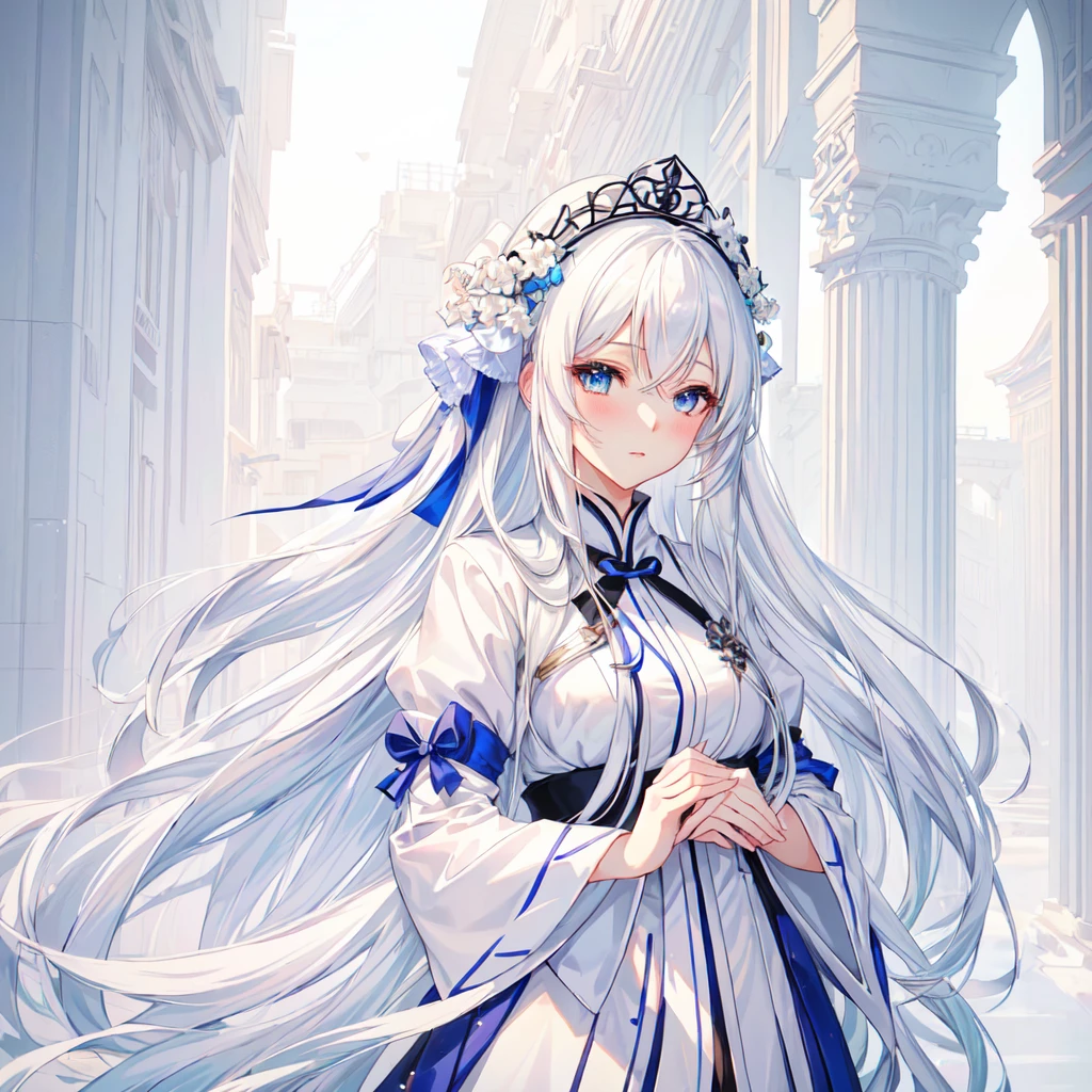 Anime girl with long white hair and blue eyes in the city, White-haired God, Beautiful anime portraits, Detailed portrait of an anime girl, Perfect white hair girl, Beautiful Anime Girls, Beautiful Anime Women, White Hair Girl, Cute Anime Girl Portrait, palace , Girl in Hanfu, From Girls Frontline, guweiz on pixiv artstation, ”Beautiful Anime Women