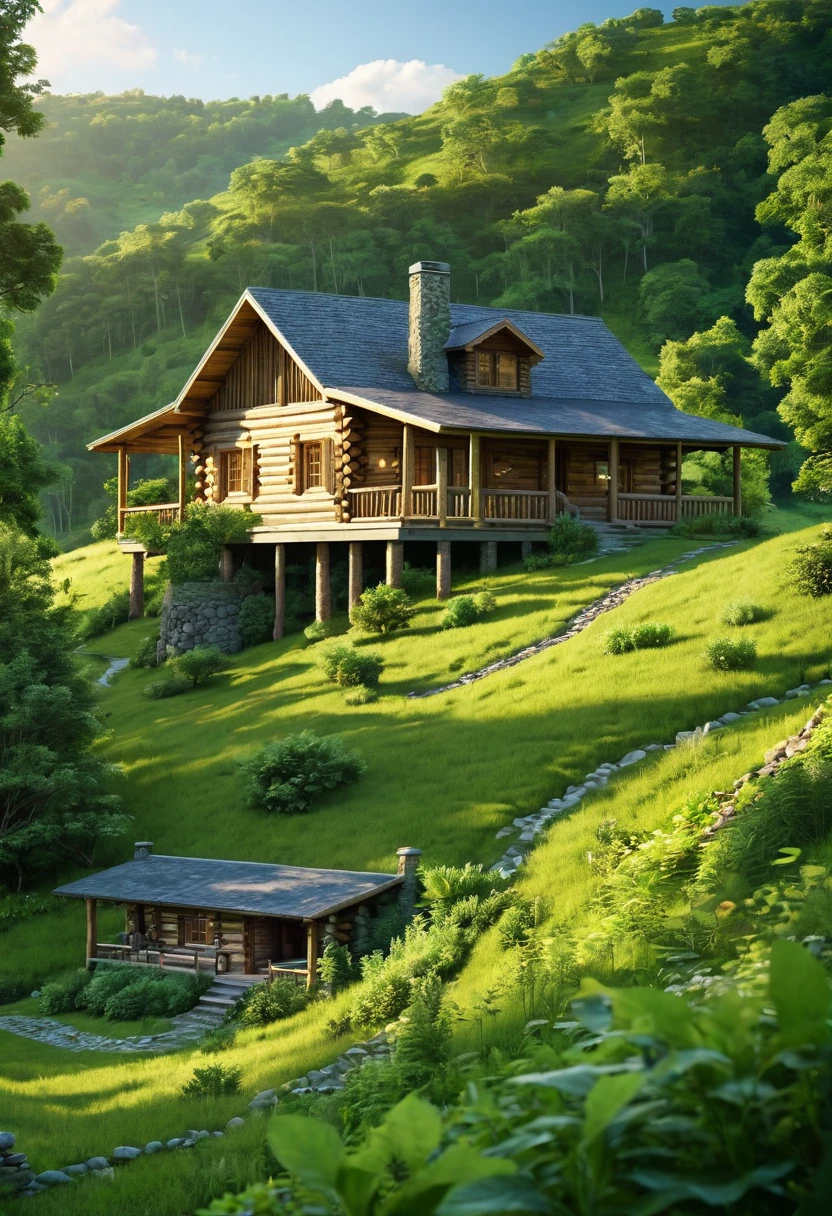 A sprawling log cabin, nestled amidst a verdant valley, exudes a sense of peaceful solitude. The sun casts long shadows across the rolling hills, creating a breathtaking panorama. The cabin's rustic charm is enhanced by the surrounding lush greenery and the distant forest, creating a sense of harmony and tranquility.