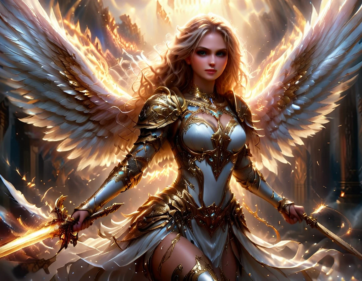 a ((medieval masterwork fresco art: 1.5)) Italian renaissance style, of a 1female angel knight, spread angelic wings, glowing halo soft light, full body shot, ultra detailed face, determined expression, angel of justice and vengeance, blond hair, long hair, dynamic hair style, (wearing armor: 1.2), intricate details, wearing (thigh high heeled boots: 1.1) , (holding divine sword: 1.3), flaming sword, intense details, masterwork sword, dynamic background(Masterpiece: 1.5), Vibrant, Ultra-high resolution, High Contrast, (masterpiece:1.2), highest quality, Best aesthetics), best details, best quality, highres, ultra wide angle, 16k, [ultra detailed], masterpiece, best quality, (extremely detailed), intense gaze, faize, raging nebula, Saint,  drc_style