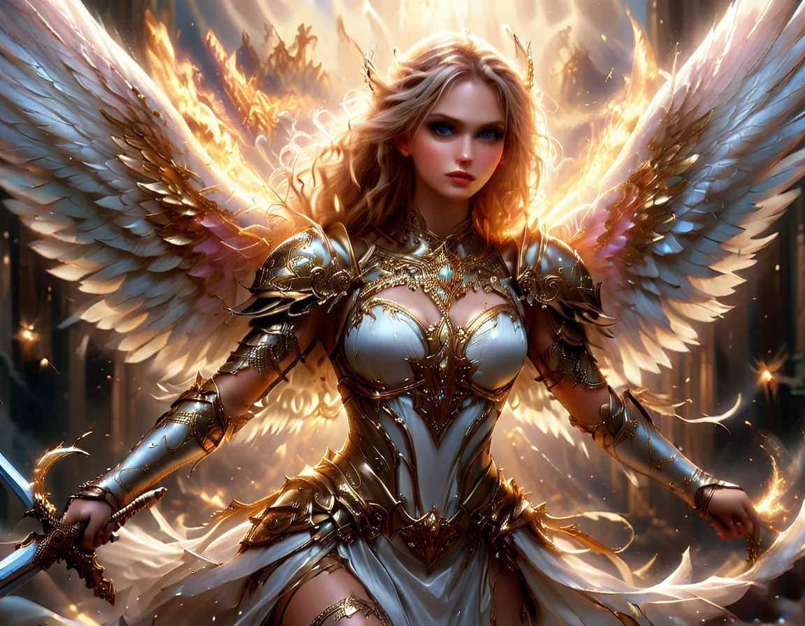 a ((medieval masterwork fresco art: 1.5)) Italian renaissance style, of a 1female angel knight, spread angelic wings, glowing halo soft light, full body shot, ultra detailed face, determined expression, angel of justice and vengeance, blond hair, long hair, dynamic hair style, (wearing armor: 1.2), intricate details, wearing (thigh high heeled boots: 1.1) , (holding divine sword: 1.3), flaming sword, intense details, masterwork sword, dynamic background(Masterpiece: 1.5), Vibrant, Ultra-high resolution, High Contrast, (masterpiece:1.2), highest quality, Best aesthetics), best details, best quality, highres, ultra wide angle, 16k, [ultra detailed], masterpiece, best quality, (extremely detailed), intense gaze, faize, raging nebula, Saint,  drc_style