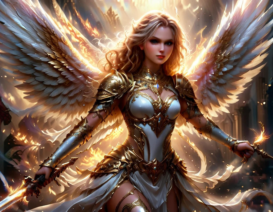 a ((medieval masterwork fresco art: 1.5)) Italian renaissance style, of a 1female angel knight, spread angelic wings, glowing halo soft light, full body shot, ultra detailed face, determined expression, angel of justice and vengeance, blond hair, long hair, dynamic hair style, (wearing armor: 1.2), intricate details, wearing (thigh high heeled boots: 1.1) , (holding divine sword: 1.3), flaming sword, intense details, masterwork sword, dynamic background(Masterpiece: 1.5), Vibrant, Ultra-high resolution, High Contrast, (masterpiece:1.2), highest quality, Best aesthetics), best details, best quality, highres, ultra wide angle, 16k, [ultra detailed], masterpiece, best quality, (extremely detailed), intense gaze, faize, raging nebula, Saint,  drc_style