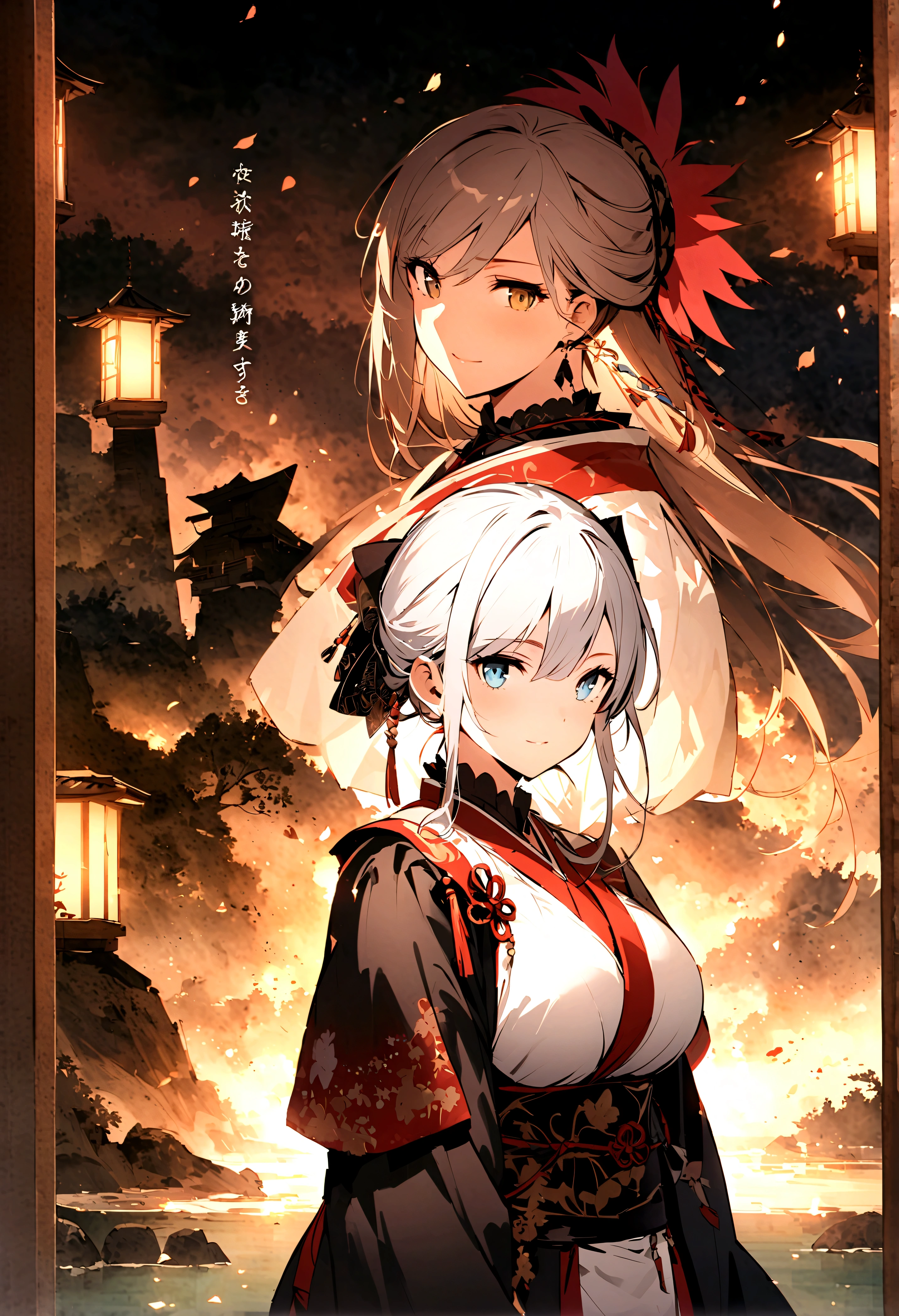 Masterpiece、top-quality、detaileds、Colossal breasts mature woman、jpn、2 knife flow、Ganryu Island、white  hair、Musashi Miyamoto（Musashi Miyamoto）ha、A swordsman in the early Edo period、A tactician who served a feudal lord、Artist。Founder of Niten Ichiru tactics using two swords。The battle against the Kyoto martial artist Yoshioka clan and the Satsuma Warriors on Ganryu Island々His duel with Ki Kojiro is famous.。 For posterity、Theater, novels, sleeved, movies, アニメ, etc.々Became the subject of a video work、In modern times「Kengo」Also ha「Kensei」is called[2]。Especially novels by Eiji Yoshikawa『miyamoto musashi』is famous, but、There are many creations that differ from historical facts.。 Own books translated and published in foreign languages『Book of Five Rings』He was listed as undefeated in over 60 bouts between the ages of 13 and 29.[Note 1]There is a。 In the past, he also frequently made paintings, arms, and horse harnesses.、Designated as a national important cultural property『Cormorant picture』『Dry tree and songbird』『Red plum pigeon illustration』First of all『Front view of Daruma』『Illustration of Rohba Daruma』『A folding screen depicting a wild goose』『Wild horse illustration』Ink paintings and saddles such as、Crafts such as wooden swords are stored in museums around the country.。 A famous portrait from the Shimada Museum of Art (artist unknown)[1]But、It looks like she is relaxing her body.『Book of Five Rings』It is in line with the secret preached by、There is also a theory that it is a self-portrait.[2]。