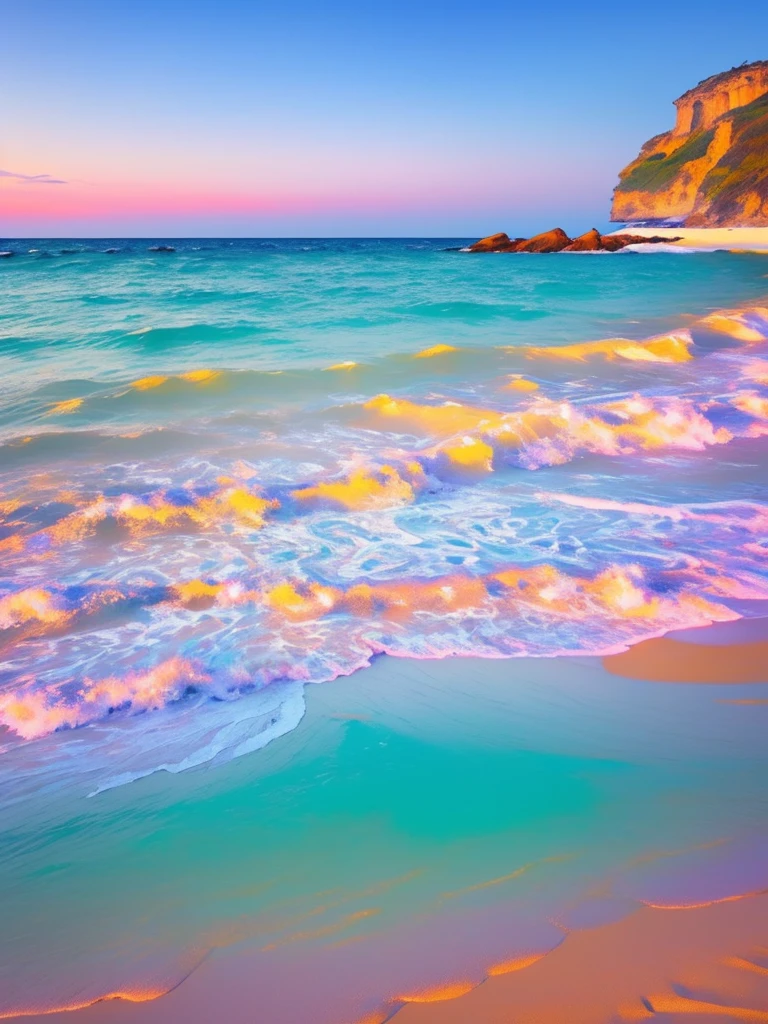 A serene beach scene at sunset, with a striking color palette of pink and purple hues. The sun is partially hidden behind clouds on the horizon, casting a warm, pinkish glow over the scene. The sky is a gradient of soft pastel colors, transitioning from light blue at the top to deep pink near the horizon. Wispy clouds are scattered across the sky, reflecting the sunset colors. The calm ocean waves gently roll onto the shore, with the water reflecting the vibrant colors of the sunset. The beach sand appears to be tinted with a soft pink hue due to the lighting. To the left, there is a distant cliff with a dark silhouette against the colorful sky. The entire scene exudes a tranquil and ethereal atmosphere, enhanced by the unique and vivid color scheme.