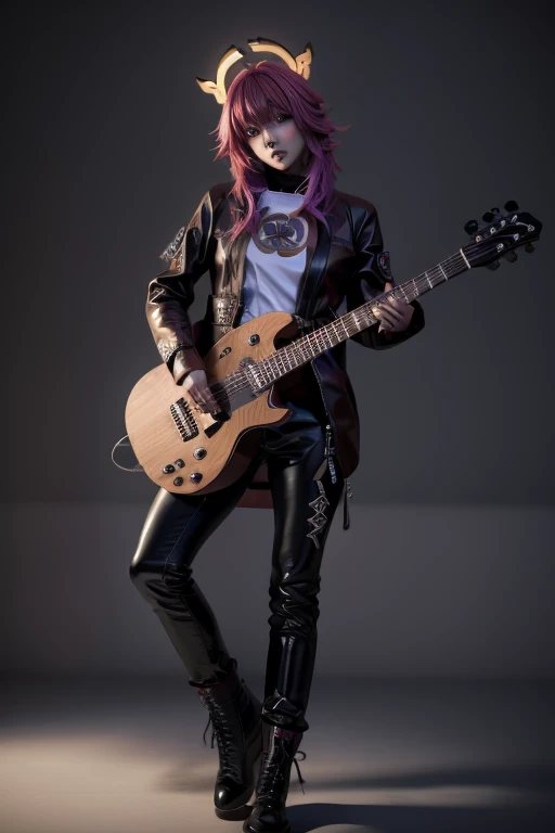 Yaya Myko Genshin, in leather clothes, in a windbreaker, leather jacket, in ankle boots, Goth, rocker in all black stylish rocker art 3D realistic Yaya Miko in a halo with a guitar