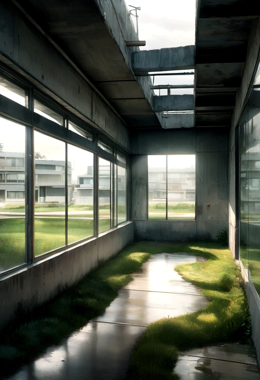 Housing, There are lots of glass and concrete walls, grass, 8K, Ultra-realistic, Prime Time