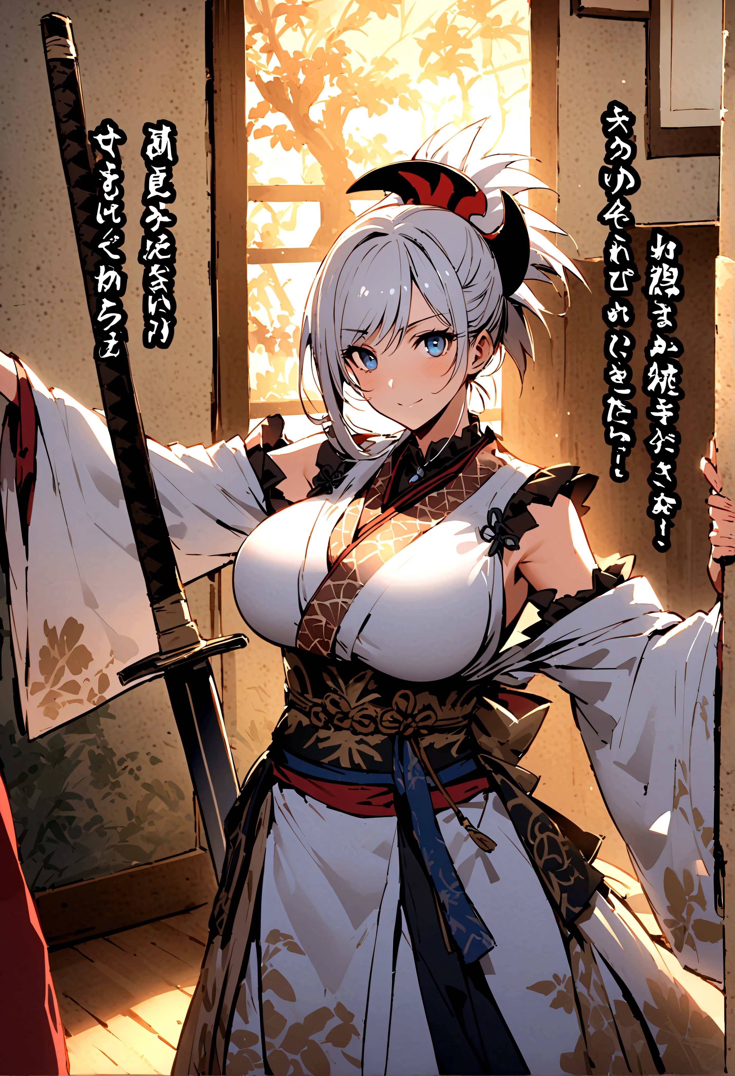 Masterpiece、top-quality、detaileds、Colossal breasts mature woman、jpn、2 knife flow、Ganryu Island、white  hair、Musashi Miyamoto（Musashi Miyamoto）ha、A swordsman in the early Edo period、A tactician who served a feudal lord、Artist。Founder of Niten Ichiru tactics using two swords。The battle against the Kyoto martial artist Yoshioka clan and the Satsuma Warriors on Ganryu Island々His duel with Ki Kojiro is famous.。 For posterity、Theater, novels, sleeved, movies, アニメ, etc.々Became the subject of a video work、In modern times「Kengo」Also ha「Kensei」is called[2]。Especially novels by Eiji Yoshikawa『miyamoto musashi』is famous, but、There are many creations that differ from historical facts.。 Own books translated and published in foreign languages『Book of Five Rings』He was listed as undefeated in over 60 bouts between the ages of 13 and 29.[Note 1]There is a。 In the past, he also frequently made paintings, arms, and horse harnesses.、Designated as a national important cultural property『Cormorant picture』『Dry tree and songbird』『Red plum pigeon illustration』First of all『Front view of Daruma』『Illustration of Rohba Daruma』『A folding screen depicting a wild goose』『Wild horse illustration』Ink paintings and saddles such as、Crafts such as wooden swords are stored in museums around the country.。 A famous portrait from the Shimada Museum of Art (artist unknown)[1]But、It looks like she is relaxing her body.『Book of Five Rings』It is in line with the secret preached by、There is also a theory that it is a self-portrait.[2]。