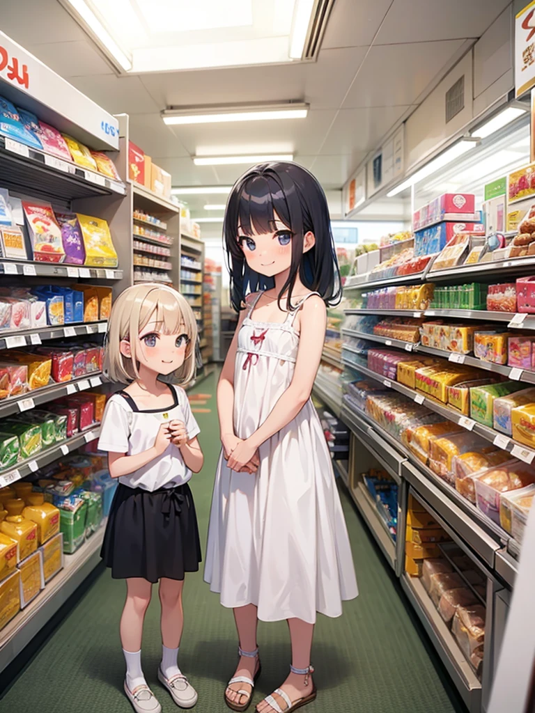 masterpiece, best quality, 2girls, 10yo, (petite), twintails,
 seductive smile, standing, nude, bare small breasts, pussy, in supermarket,