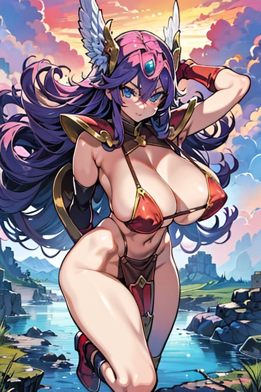 ((Highest quality)), ((masterpiece)),(detailed),High resolution,Sharp focus,Perfect Face,{best illustration},(complete anatomy),
shiny 肌,very shiny 肌,Shiny body,plastic glitter 肌,exaggerated shiny 肌,illuminated skin,curvy,
(非常にdetailed CG unity 8k wallpaper),(((Vibrant colors))),Official Art,dq3,Woman warrior,One girl,Perfect Fingers,
Purple long hair,Curly Hair,blue eyes,Sharp Eye,Large Breasts,(Perfect body,Perfect breasts),(Huge breasts, Glamour:1.1),
An athletic body, Muscular,visible muscles,Firm Abdomen,Long legs,((Huge hips:1.3)),
Beautiful Eyes,Symmetrical eyes,Light blue eyes,
gloves,Loincloth,Winged Helmet,Shiny red bikini armor,Red long boots,
((Island above the clouds)(Floating:1.5)),A river that flows through the center of the island,Cascading Waterfall,Vast grassland,There's a haze in the distance,
Beyond the Clouds,reflection,Breathtakingly beautiful clouds,Dazzling Light,altostratus,Majestic Landscape,
holding sword, Hold your shield,