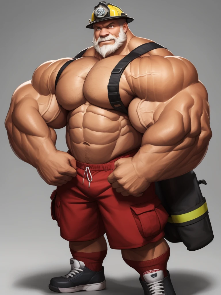 solo, 1boy, perfect anatomy, ground view, wrinkles skin, low shoot, down view, perfect proportion, thick body, thick thighs, firefighter, firefighter helmet, sharp eyes, big eyes, smile, perfect fingers, big hand, fingers. Huge Muscular Old man with short hair, shoes ,(red shorts), view from side, pectoral, thick arms, huge pectoral, wide pectoral, white hair, white beards, simple background, masterpiece, semirealistic:1.2, high detailed, 8k, high resolution, perfect center, full view. ((really big muscle, massive muscular, sixpack, thick arms, wide pectoral, super huge muscle, hyper muscular, over sized muscle, huge arms, big arms, huge pectoral))