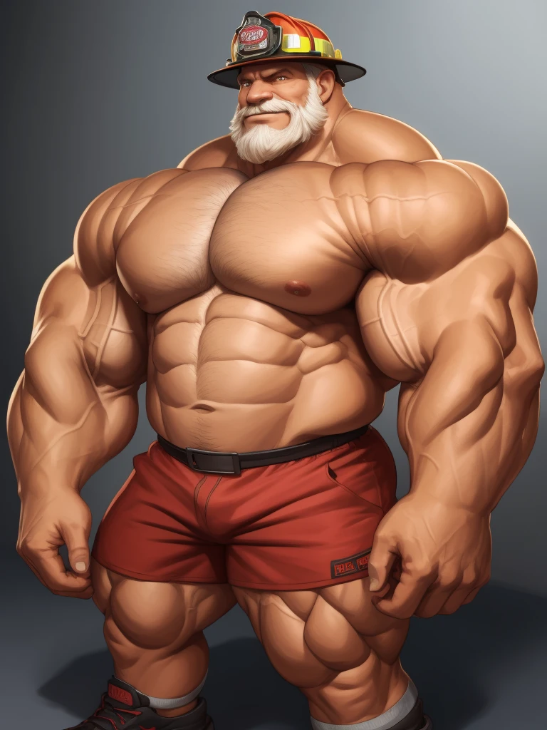 solo, 1boy, perfect anatomy, ground view, wrinkles skin, low shoot, down view, perfect proportion, thick body, thick thighs, firefighter, firefighter helmet, sharp eyes, big eyes, smile, perfect fingers, big hand, fingers. Huge Muscular Old man with short hair, shoes ,(red shorts), view from side, pectoral, thick arms, huge pectoral, wide pectoral, white hair, white beards, simple background, masterpiece, semirealistic:1.2, high detailed, 8k, high resolution, perfect center, full view. ((really big muscle, massive muscular, sixpack, thick arms, wide pectoral, super huge muscle, hyper muscular, over sized muscle, huge arms, big arms, huge pectoral))