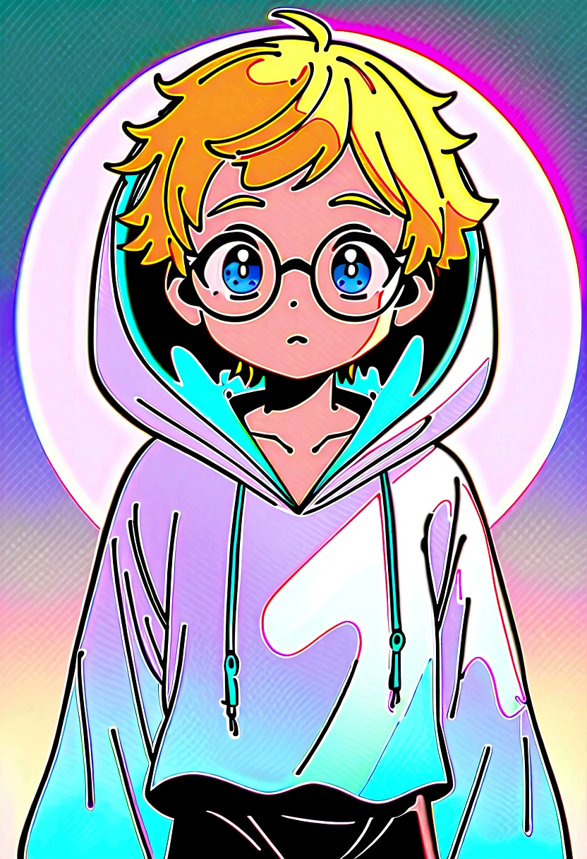 male focus, solo, childish, male only, , surprised, eyes fix, flat chest, small waist, 10 host fan, ghost hoodie, round glasses, tired, looking at viewer, simple art, blond hair, blue eyes, lofi style
