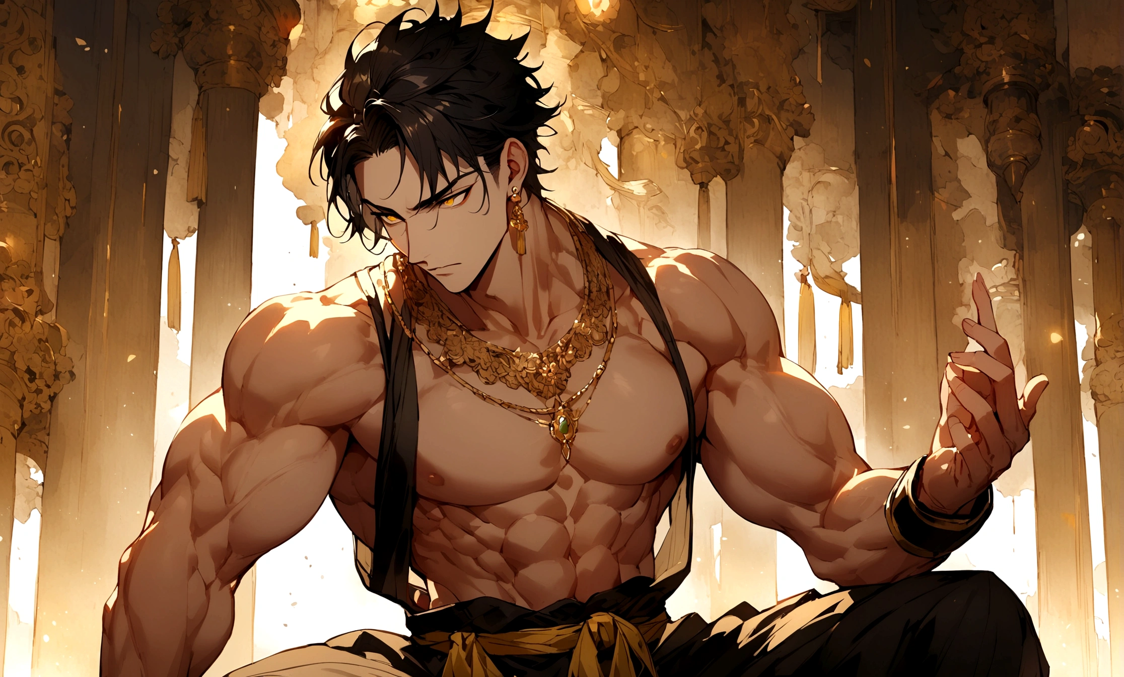 Beautiful Boy,Black Hair,Yellow Eyes,A muscular, toned body,Gold necklace and earrings,Martial arts posture.