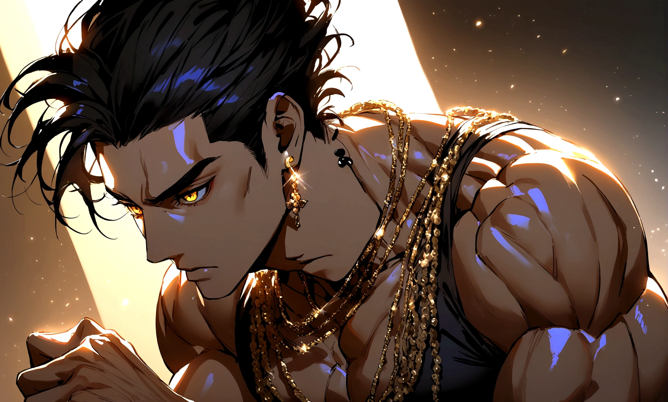 Beautiful Boy,Black Hair,Yellow Eyes,A muscular, toned body,Gold necklace and earrings,Martial arts posture.