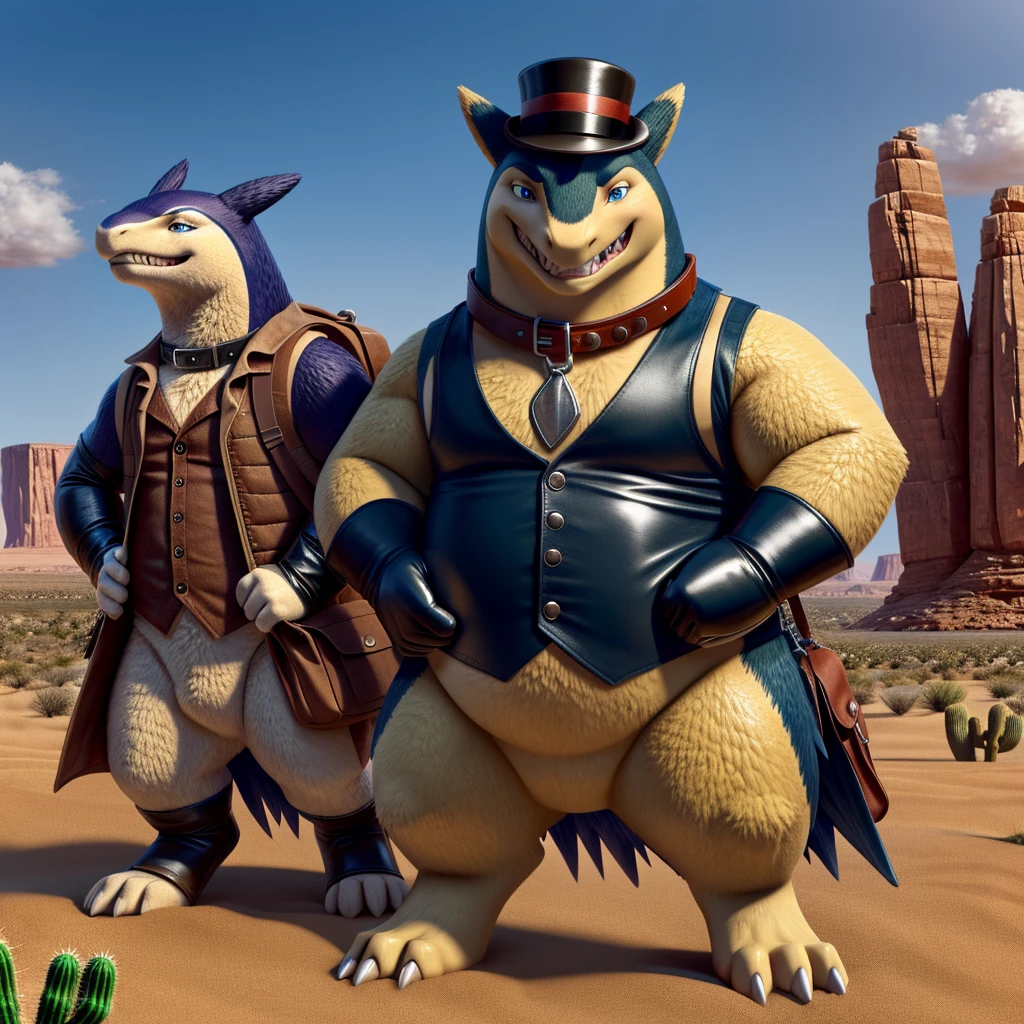 Male, fat, extremely obese, Typhlosion, blue eyes, (posing:1.3), (soft shading), 4k, hi res, ((detailed face, detailed)), looking at viewer, evil grin, desert, cactus, shirt, top hat, male focus, Explorer Outfit, glasses, bag, vest, backpack, sleeves rolled up, round eyewear, brown headwear, brown vest, Typhlosion is wearing a glossy leather dog collar around the neck, Typhlosion is wearing the leather collar and shirt and vest at the same time, Typhlosion is wearing glossy white rubber gloves on the hands, wearing white rubber gloves on the feet, gloves are rubber in texture, clenching teeth, clenching fists, leather collar is glossy and shiny with a lot of detail.