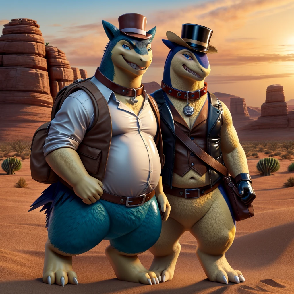 Male, fat, extremely obese, Typhlosion, blue eyes, (posing:1.3), (soft shading), 4k, hi res, ((detailed face, detailed)), looking at viewer, evil grin, desert, cactus, shirt, top hat, male focus, Explorer Outfit, glasses, bag, vest, backpack, sleeves rolled up, round eyewear, brown headwear, brown vest, Typhlosion is wearing a glossy leather dog collar around the neck, Typhlosion is wearing the leather collar and shirt and vest at the same time, Typhlosion is wearing glossy white rubber gloves on the hands, wearing white rubber gloves on the feet, gloves are rubber in texture, clenching teeth, clenching fists, leather collar is glossy and shiny with a lot of detail.