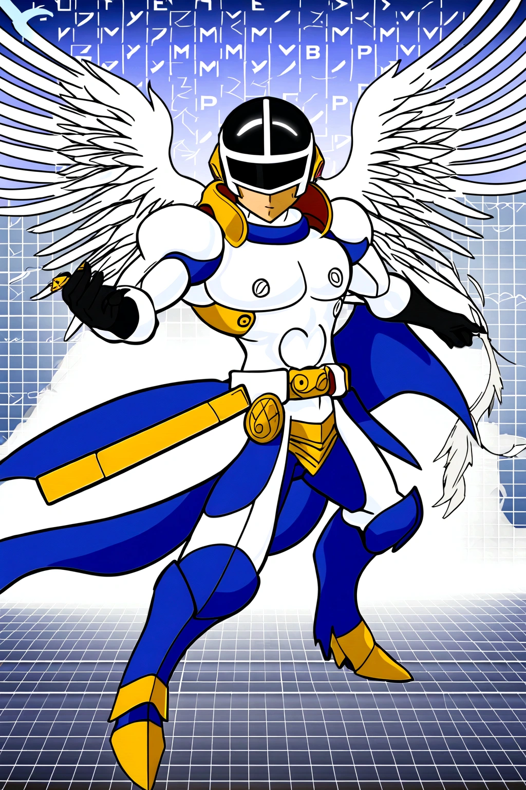 Angemon from Digimon Adventure、Combat pose、male1人、Muscular、male、One person、whole body、Blonde、wingのある頭、Helmet、(Eyes are covered:1.7)、Long Hair、Angel's wing、羽のついたwing、wing、Background Sky、Anime screenshots、american cowboy pictureasterpiece、Highest quality、Super detailed