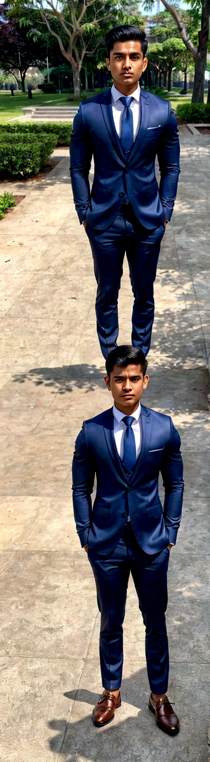 RAW, Best quality, high resolution, (masterpiece: 1.3), full body image, muscular Indonesian man in navy suit and work shoes, Masterpiece, young man face, cute man face, cleanshaven, bright skin, rough skin, fierce eyes, soft smile, standing in a park, feminine gesture, strong expression, body facing viewer, looking to viewer, at noon, Great lighting, great sunlight, Bright colors, Ultra realistic clean lines, very realistic, Indian 22 years old young boy
