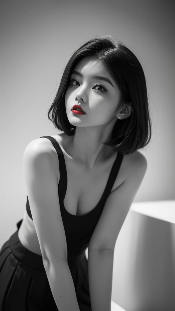 (((Black and White Art:1.2、Black and white photo、RAW photos、Film Grain)))、Beautiful woman、Small nose、((Full lips、Sexy red lips:1.3))、Attractive hairstyle、skirt、best quality、high resolution、high resolution、light、Black and white photo、Professional photographer