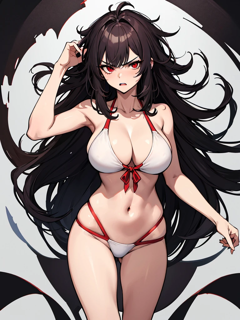 (absurdres, 8k, 4k, masterpiece, hyper extreme detailed:1.2), solo, 1girl, front view, perfect anatomy, cowboy shot, perfect face, 1girl, portrait, solo, Female, Mature Female, long hair, annoyed, graphic t-shirt, swept bangs, red eyes, red eyes, red bikini, white swimsuit, red swimsuit, messy hair, short, large bust, angry, large breasts, big breasts, forward view, half body, messy hair,