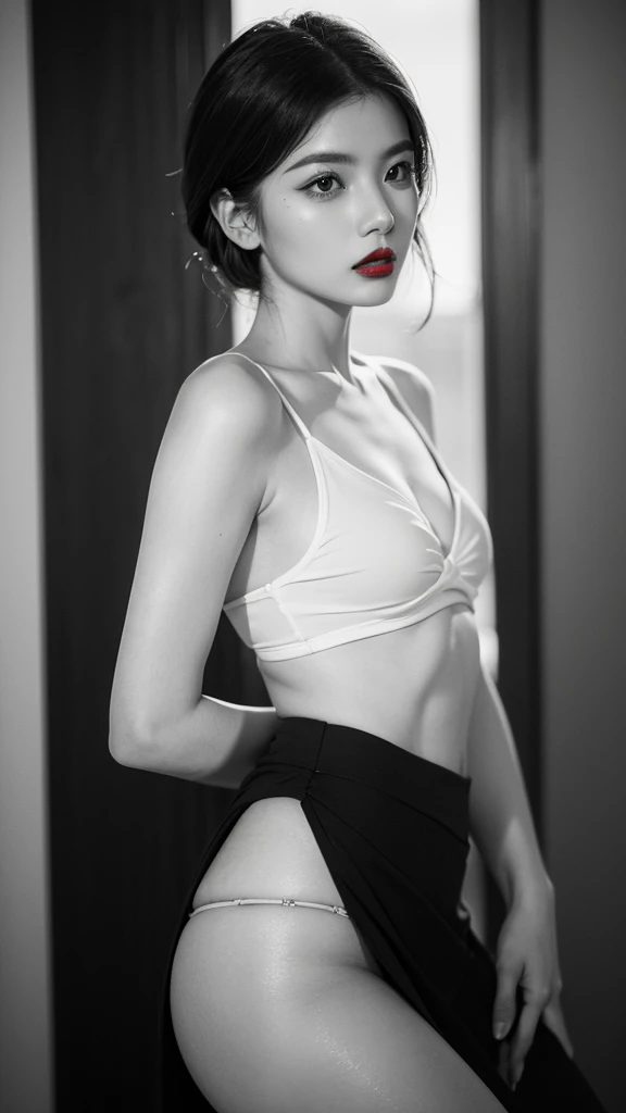 (((Black and White Art:1.2、Black and white photo、RAW photos、Film Grain)))、Beautiful woman、Small nose、((Full lips、Sexy red lips:1.3))、Attractive hairstyle、skirt、best quality、high resolution、high resolution、light、Black and white photo、Professional photographer