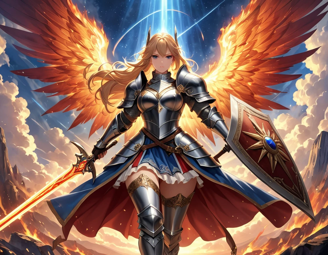 a ((medieval masterwork fresco art: 1.5)) Italian renaissance style, of a 1female angel knight, spread angelic wings, glowing halo soft light, full body shot, ultra detailed face, determined expression, angel of justice and vengeance, blond hair, long hair, dynamic hair style, (wearing armor: 1.2), intricate details, wearing (thigh high heeled boots: 1.1) , (holding divine sword: 1.3), flaming sword, intense details, masterwork sword, dynamic background(Masterpiece: 1.5), Vibrant, Ultra-high resolution, High Contrast, (masterpiece:1.2), highest quality, Best aesthetics), best details, best quality, highres, ultra wide angle, 16k, [ultra detailed], masterpiece, best quality, (extremely detailed), intense gaze, faize, raging nebula, Sword and shield, drc_style