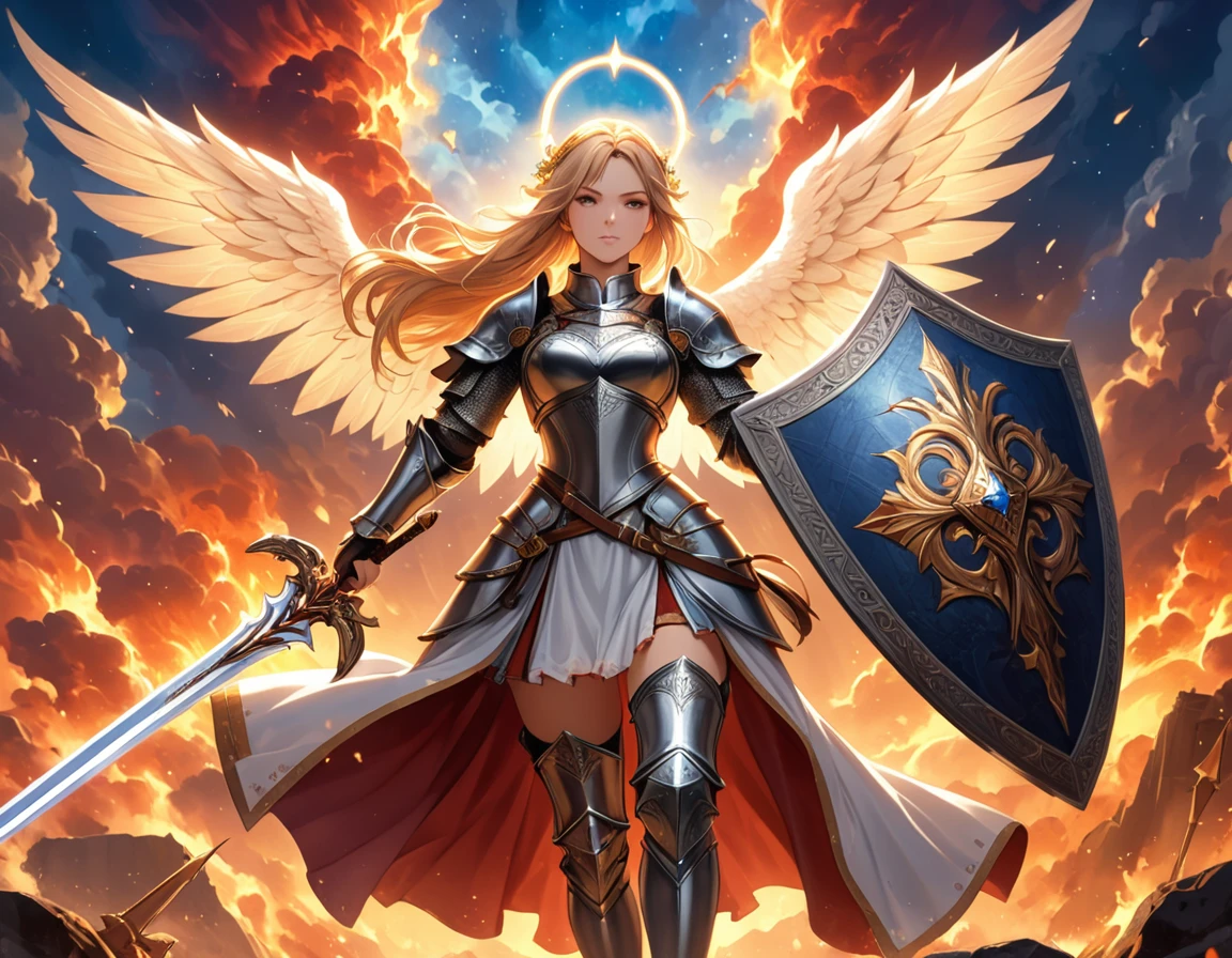 a ((medieval masterwork fresco art: 1.5)) Italian renaissance style, of a 1female angel knight, spread angelic wings, glowing halo soft light, full body shot, ultra detailed face, determined expression, angel of justice and vengeance, blond hair, long hair, dynamic hair style, (wearing armor: 1.2), intricate details, wearing (thigh high heeled boots: 1.1) , (holding divine sword: 1.3), flaming sword, intense details, masterwork sword, dynamic background(Masterpiece: 1.5), Vibrant, Ultra-high resolution, High Contrast, (masterpiece:1.2), highest quality, Best aesthetics), best details, best quality, highres, ultra wide angle, 16k, [ultra detailed], masterpiece, best quality, (extremely detailed), intense gaze, faize, raging nebula, Sword and shield, drc_style