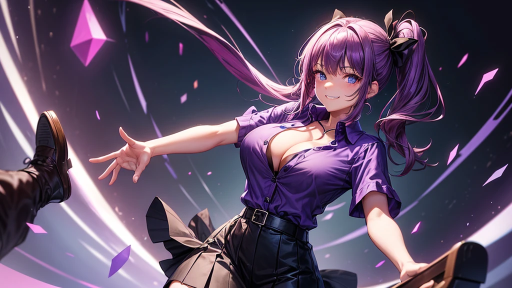 1girl, solo, full body, fantasy world, colorful hair, side ponytail, large breasts, button down, dark blue eyes, ((purple shirt)), ((unbuttoned shirt)), ((short sleeved shirt)), cleavage 1:3, black skirt, brown shoes, grin, looking at the viewer, standing, hair ribbon