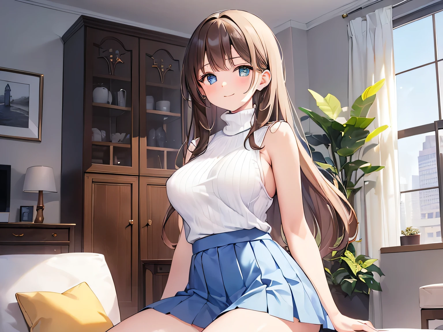 (Masterpiece, highest quality, high resolution, realistic photos, realistic looking skin:1.1),
(Woman shows her panties to us as she stands, sits, and crouches in the living room of her apartment: 1.8), 
(She looks happy and smiling: 1.5),
(She is wearing a sleeveless all-white turtleneck knit: 1.8),
(She is wearing a blue flared pleated miniskirt:1.8),
(She is wearing white loose socks:1.8),
(Her panties are white with a pattern: 1.5),
(She has long brown hair: 1.5),
(She is 20 years old: 1.5),
(She is a model, so she is quite beautiful:1.5), 
(She has D-cup breasts: 1.5),
(She has beautiful legs: 1.5),
(The place is the living room of a luxury apartment: 1.5),
1 Japanese girl, solo, full bodied esbian, beautiful eyes, shining eyes, shining thighs, NSFW