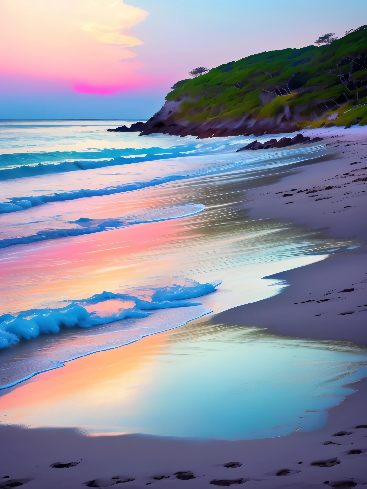 A serene beach scene at sunset, with a striking color palette of pink and purple hues. The sun is partially hidden behind clouds on the horizon, casting a warm, pinkish glow over the scene. The sky is a gradient of soft pastel colors, transitioning from light blue at the top to deep pink near the horizon. Wispy clouds are scattered across the sky, reflecting the sunset colors. The calm ocean waves gently roll onto the shore, with the water reflecting the vibrant colors of the sunset. The beach sand appears to be tinted with a soft pink hue due to the lighting. To the left, there is a distant cliff with a dark silhouette against the colorful sky. The entire scene exudes a tranquil and ethereal atmosphere, enhanced by the unique and vivid color scheme.