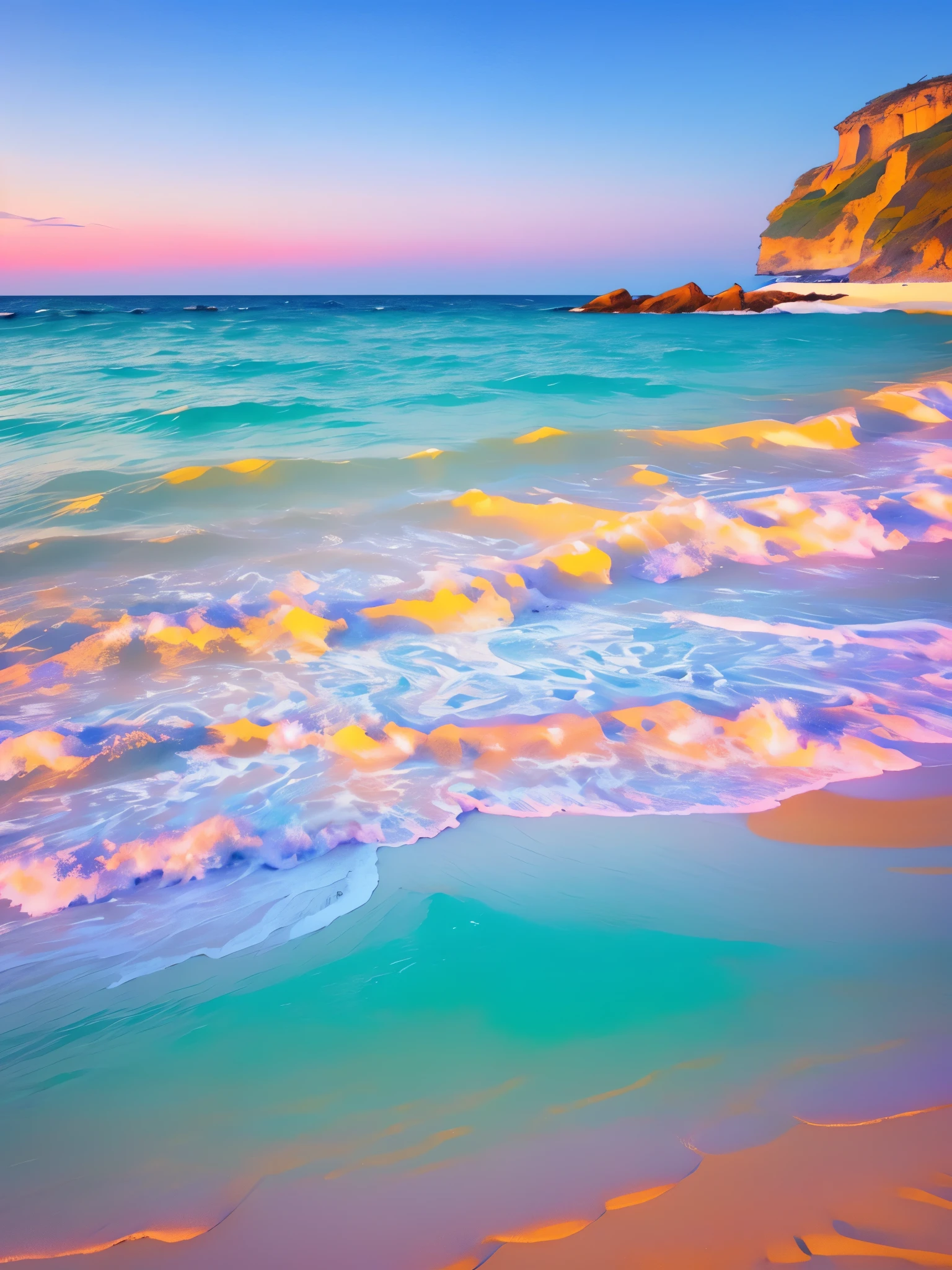 A serene beach scene at sunset, with a striking color palette of pink and purple hues. The sun is partially hidden behind clouds on the horizon, casting a warm, pinkish glow over the scene. The sky is a gradient of soft pastel colors, transitioning from light blue at the top to deep pink near the horizon. Wispy clouds are scattered across the sky, reflecting the sunset colors. The calm ocean waves gently roll onto the shore, with the water reflecting the vibrant colors of the sunset. The beach sand appears to be tinted with a soft pink hue due to the lighting. To the left, there is a distant cliff with a dark silhouette against the colorful sky. The entire scene exudes a tranquil and ethereal atmosphere, enhanced by the unique and vivid color scheme.