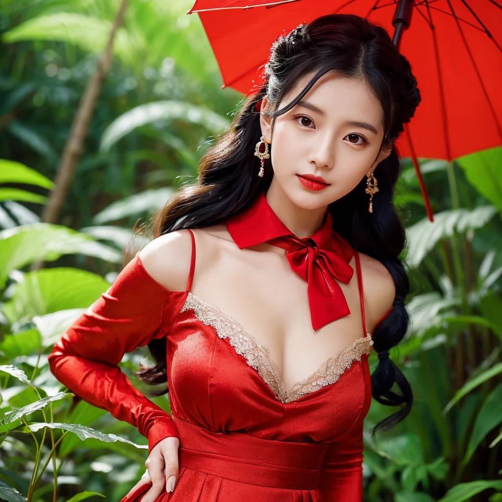 Korean girl with bigger chest, black hair. She's standing in a rainforest. The weather is sunny but it is raining outside. The girl is holding a red umbrella with drops of water dripping on top of it. The girl is dressed in a red dress with a full skirt and open shoulders, and a neckline. She has long lace gloves on her hands. She wears a red necklace around her neck and elegant red earrings in her ears.
Her hair is pulled up in long curly tails