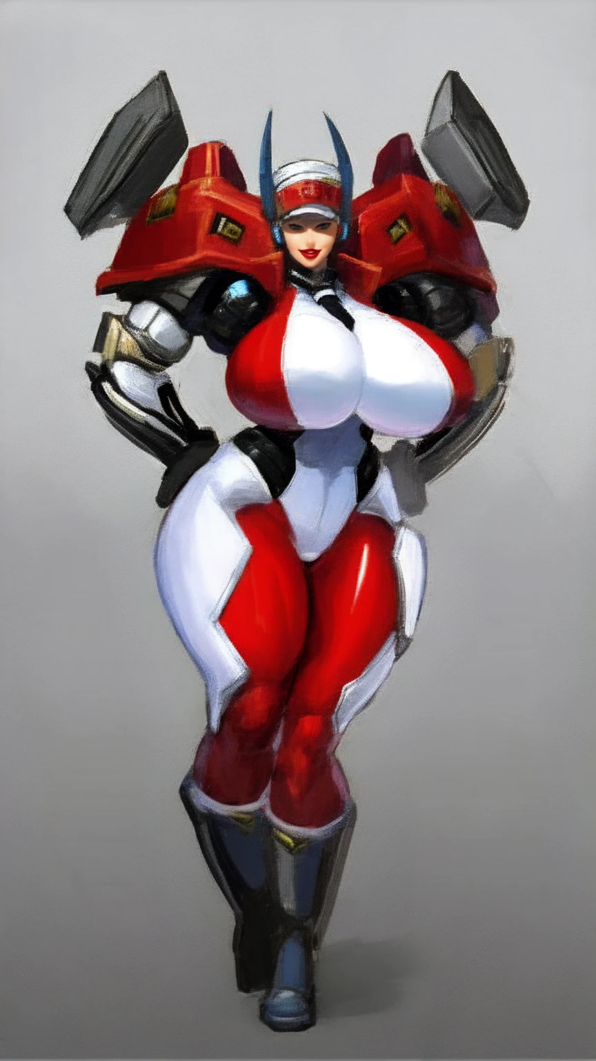 masterpiece, best quality, IncrsLowTier, electricity, glowing eyes zerotwo horns, hairband, necktie, red dress, pantyhose horns, hairband, red bodysuit, armlet, mecha horns, hairband, white bodysuit, white gloves, cap, red dress, white gloves, jacket on shoulders, pantyhose, cyber_armor body_suit,huge_breast, tall female, fulll body, sun light, smile,, sun aura,, boots, standing, smile, lips, red lips,,,{best quality}, {amazing quality} {best quality},{amazing quality},, {absurdres},{{highres}}, {very aesthetic}, {detailed}, curvy, tall, huge breast, character focus, white background,full-length portrait,, huge hips, huge muscles, huge thighs, curvaceous, venus figure,full body, full portrait