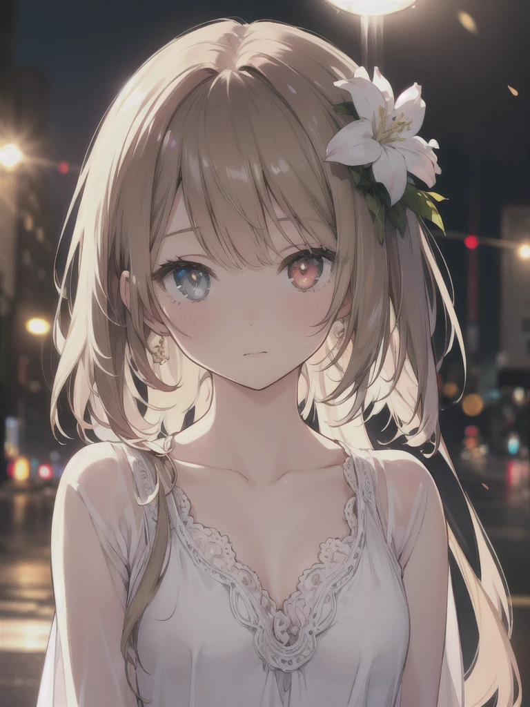 masterpiece, highest quality, female figure, central heterochromia eyes, long brown hair, white nightgown, cute, (dynamic lighting:1.2), cinematic lighting, delicate features, fine eyes, sharp pupils, realistic student, Depth of bounds written, Bokeh, sharp focus, (very detailed, bloom, shine:1.4), gloomy, very skinny, prominent collarbones