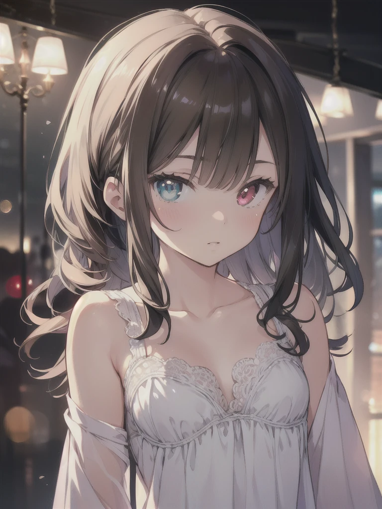 masterpiece, highest quality, female figure, central heterochromia eyes, long brown hair, white nightgown, cute, (dynamic lighting:1.2), cinematic lighting, delicate features, fine eyes, sharp pupils, realistic student, Depth of bounds written, Bokeh, sharp focus, (very detailed, bloom, shine:1.4), gloomy, very skinny, prominent collarbones