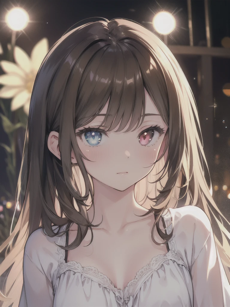 masterpiece, highest quality, female figure, central heterochromia eyes, long brown hair, white nightgown, cute, (dynamic lighting:1.2), cinematic lighting, delicate features, fine eyes, sharp pupils, realistic student, Depth of bounds written, Bokeh, sharp focus, (very detailed, bloom, shine:1.4), gloomy, very skinny, prominent collarbones