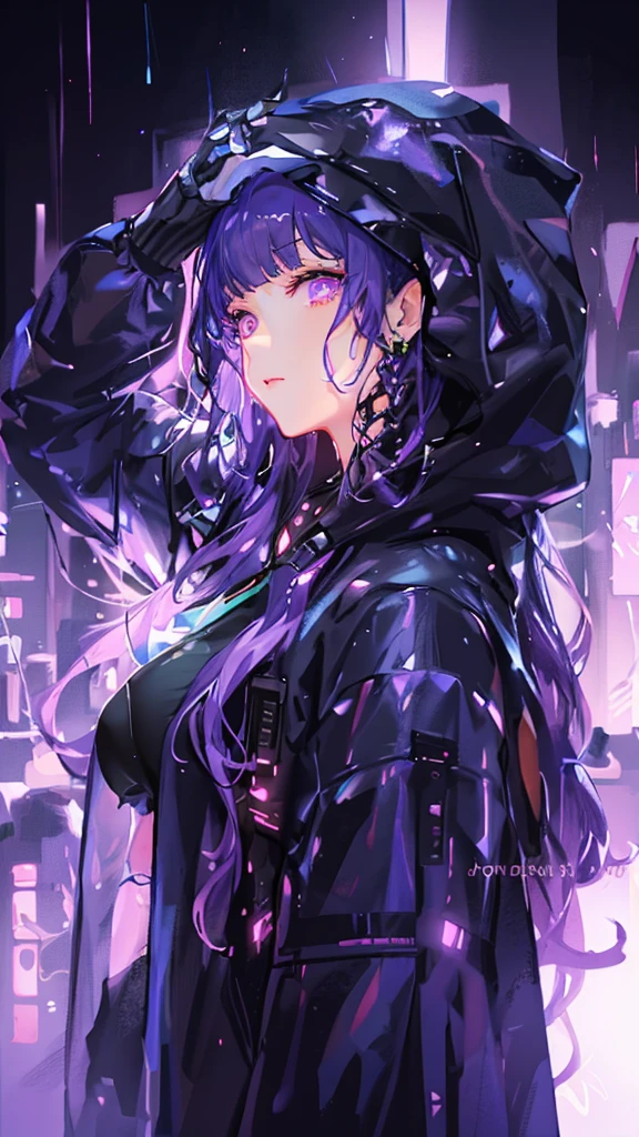 in the rain、Anime girl with purple hair and black jacket, Cyberpunk Anime Girl in hoodie, digital Cyberpunk anime art, Digital Cyberpunk - Anime Art, Cyberpunk Anime Girl, anime cyberpunk art, Cyberpunk art style, Cyberpunk atmosphere, Cyberpunk anime art, female Cyberpunk Anime Girl, Dreamy Cyberpunk Girl, Cyberpunk atmospheres, Bright Cyberpunk Glow, Cyberpunk Style, Cyberpunk themed art