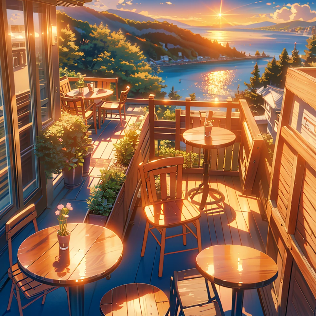 a painting of a patio with tables and chairs and a sunset, anime background art, cozy cafe background, anime background, beautiful ambiance, beautiful ambience, anime scenery, beautiful anime scene, beautiful anime scenery, anime aesthetic, beautiful detailed scene, overlooking the ocean, watching the sun set. anime, scenery wallpaper aesthetic, golden hour scene, anime vibes