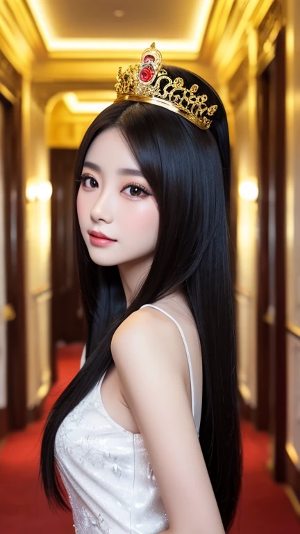 (((Chinese Beauty)))、((Angle of view from the side))、(Look back here)、21 years old、(Very heavy makeup:1.3)、(Slanted Eyes:1.4)、(long narrow eyes:1.4)、Shiny Hair、Glowing Skin、Very white skin、Jet Black Hair、Straight long hairstyle、Waist-length hair、Big eyes、Double eyelids、Luxury Chinese palace、(Standing in the palace corridor)、(Golden luxurious hair ornament)、(((Chinese Queen's Costume)))、Luxurious and gorgeous、(huge breast:1.2)、(Exposed Skin:1.2)、(Smile with your mouth closed)、Transparent white cloth、(((Royal Blue Costume)))