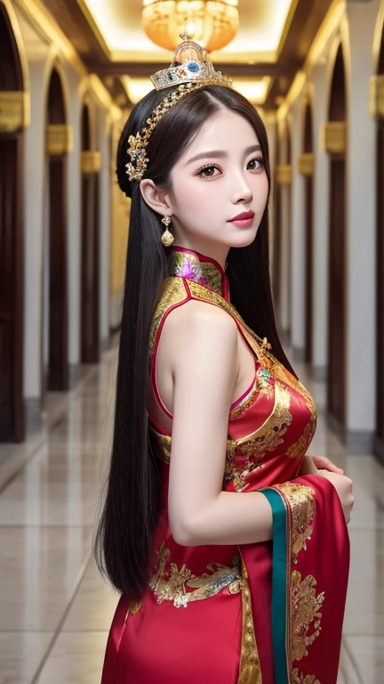 (((Chinese Beauty)))、((Angle of view from the side))、(Look back here)、21 years old、(Very heavy makeup:1.3)、(Slanted Eyes:1.4)、(long narrow eyes:1.4)、Shiny Hair、Glowing Skin、Very white skin、Jet Black Hair、Straight long hairstyle、Waist-length hair、Big eyes、Double eyelids、Luxury Chinese palace、(Standing in the palace corridor)、(Golden luxurious hair ornament)、(((Chinese Queen's Costume)))、Luxurious and gorgeous、(huge breast:1.2)、(Exposed Skin:1.2)、(Smile with your mouth closed)、Transparent white cloth、(((Royal Blue Costume)))