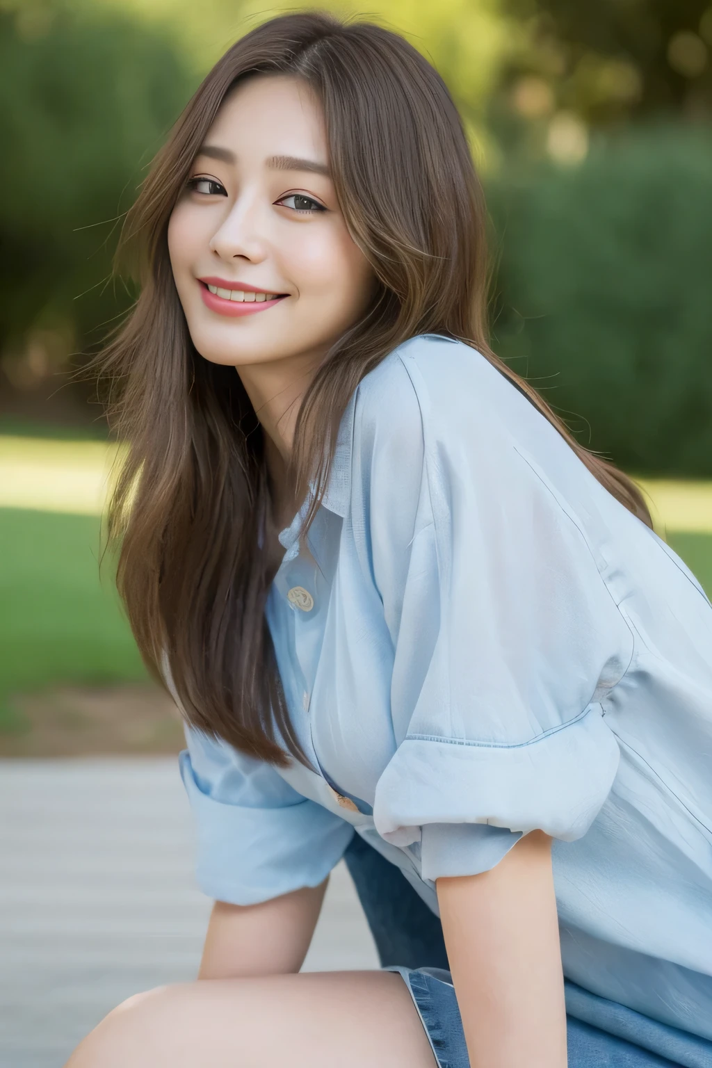 seed:2020674263.((Full body angle:1.1)).((Highest quality, 8K, masterpiece:1.3)), ((from below:1.1)).concentrated:1.2, Perfect body beauty:1.4, Hips:1.2, ((Delicate Hair)), (Colorful button-through crop shirt :1.1) , ((Highest quality、、masterpiece:1.3))、1 Girl、A sloppy smile、Esbian all over、Slim face、Big Boobs、Beautiful woman、(Dark Brown Hair)、Long Hair、1、Flickering Valley、Detailed eyes、double eyelid、Blurred Background、超Slim face、Smile、Looking down、stroll、