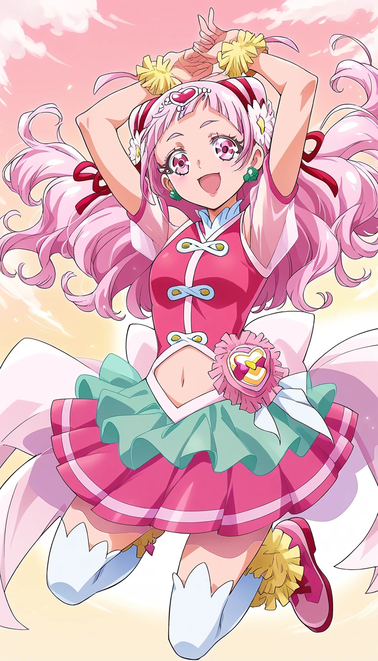 score_9, score_8_up, score_7_up, cure yell, standing, spread arms , stretching right hand raise up, put left hand on shoulder,cowboy shot,from below,background sky, serious smile,glossy lips,looking front