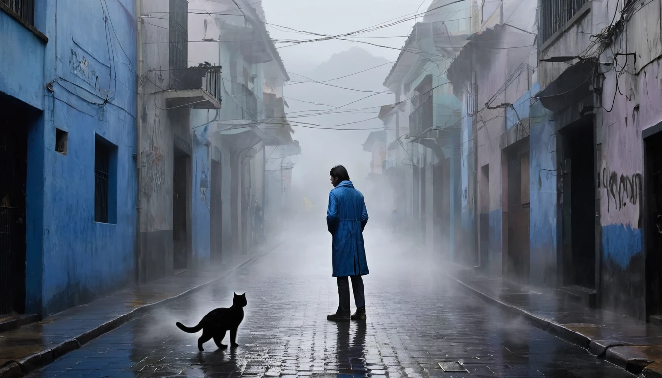 cover of Pink Floyd's album Wish You Were Here;; Create an afternoon scene on a dark street inspired by the streets of Rio de Janeiro. the street tiles are wet and fog hangs in the air. The street is deserted, only one man stands out in the landscape. A man wears blue warm clothes and black hair. A walking white cat on the wall of one of the houses. A wall with the image of a beautiful woman (the scene needs to have a noir atmosphere)