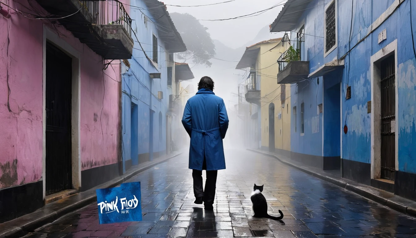 cover of Pink Floyd's album Wish You Were Here;; Create an afternoon scene on a dark street inspired by the streets of Rio de Janeiro. the street tiles are wet and fog hangs in the air. The street is deserted, only one man stands out in the landscape. A man wears blue warm clothes and black hair. A walking white cat on the wall of one of the houses. A wall with the image of a beautiful woman (the scene needs to have a noir atmosphere)