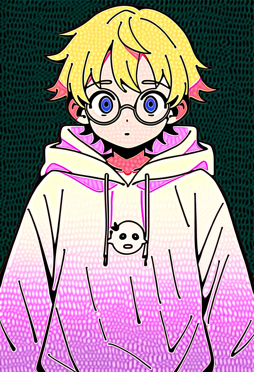 male focus, solo, childish, male only, , surprised, eyes fix, flat chest, small waist, 10 host fan, ghost hoodie, round glasses, tired, looking at viewer, simple art, blond hair, blue eyes, lofi style, on hoodie is ghost icon