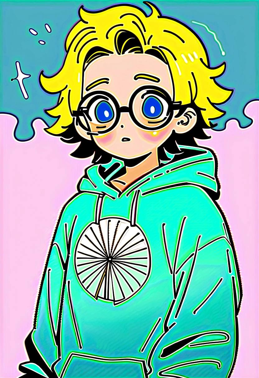 male focus, solo, childish, male only, ???, surprised, eyes fix, flat chest, small waist, 10 years old, ghost fan, ghost hoodie, round glasses, tired, looking at viewer, simple art, blond hair, blue eyes, lofi style, on hoodie is ghost icon
