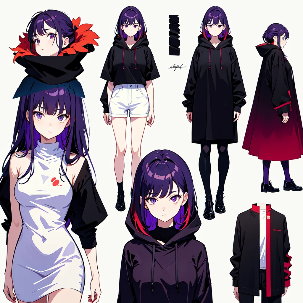 Mature face,tall, Wearing black tights, Updo, Wearing a hoodie, He wore black trousers, whole body黒の服, The skin is hidden　and (Ink blotches:1.1), (pale:1.2),(purple:1.2),(Red/Black:1.2), I was wearing long pants,cool,Dressed in a black robe, Toned body, Wine red hair, one big woman, Nervous,Cowboy Shot, sketch (Character design sheet, same characters, whole body, Three-View, front, ~ ~ ~ side, return),(Very bright:1.1), White Background, [1 Girl:7], (Tilt your head:1.2), ([sketch|watercolor \(Moderate\)]:1.15),Chaotic Abstract Background, Vector Trace, Gradient Blending, Bright colors, that&#39;wonderful, Very detailed, Complex, (Very low contrast:1.4)