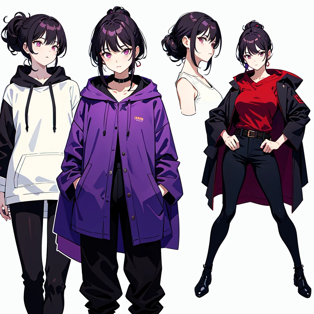 Mature face,tall, Wearing black tights, Updo, Wearing a hoodie, He wore black trousers, whole body黒の服, The skin is hidden　and (Ink blotches:1.1), (pale:1.2),(purple:1.2),(Red/Black:1.2), I was wearing long pants,cool,Dressed in a black robe, Toned body, Wine red hair, one big woman, Nervous,Cowboy Shot, sketch (Character design sheet, same characters, whole body, Three-View, front, ~ ~ ~ side, return),(Very bright:1.1), White Background, [1 Girl:7], (Tilt your head:1.2), ([sketch|watercolor \(Moderate\)]:1.15),Chaotic Abstract Background, Vector Trace, Gradient Blending, Bright colors, that&#39;wonderful, Very detailed, Complex, (Very low contrast:1.4)