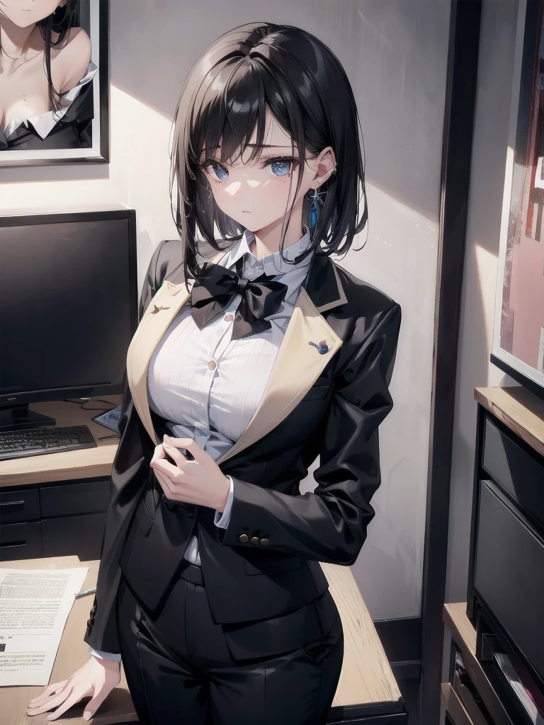 absurdres, RAW photo, extremely delicate and beautiful, masterpiece, Best Quality, ultra high resolution, 32k, hyperrealistic, ultra-detailed, in her 20s, delicate facial features, tearful mole, earring, medium breasts, full body shot, shorter middle hair, black hair, ((office lady suit)), blazer,